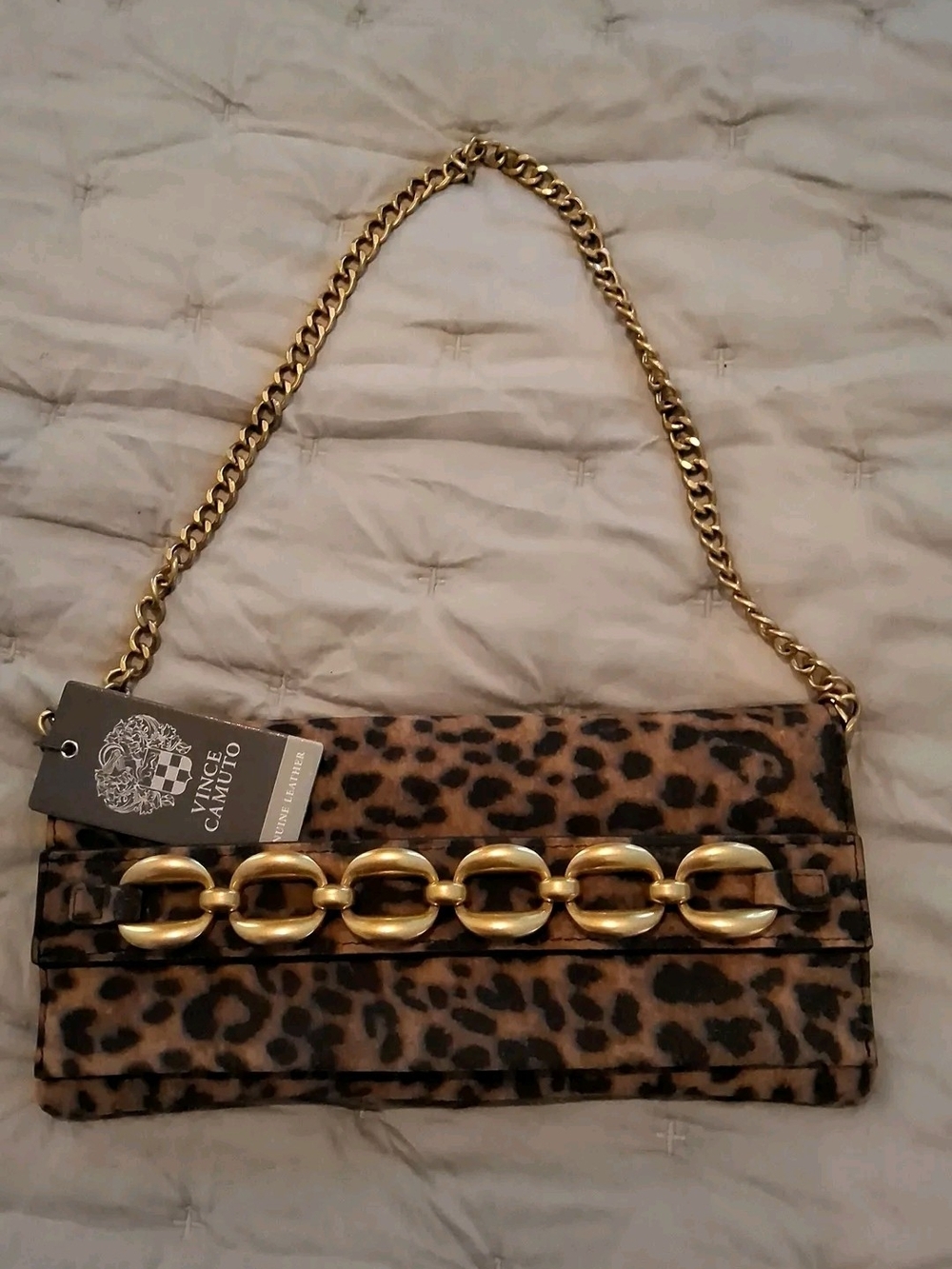 Vince Camuto Leopard-Print Shoulder Bag with Gold Chain Detail Nwt